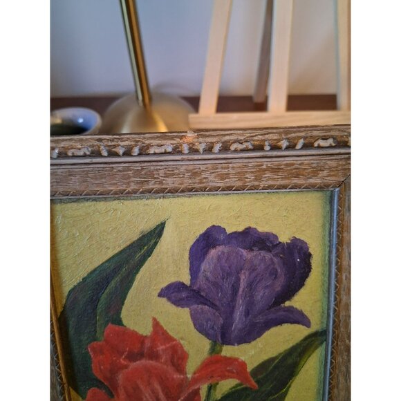Framed Floral Oil Painting Signed FG Wooden Frame Red Purple Tulips Vintage - Picture 8 of 9